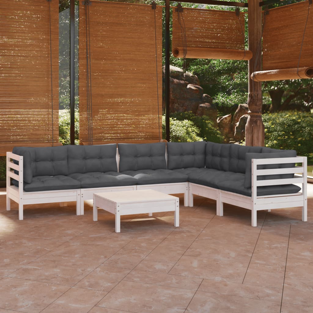 7-tlg. Garten-Lounge-Set mit Kissen Weiss Kiefer Massivholz